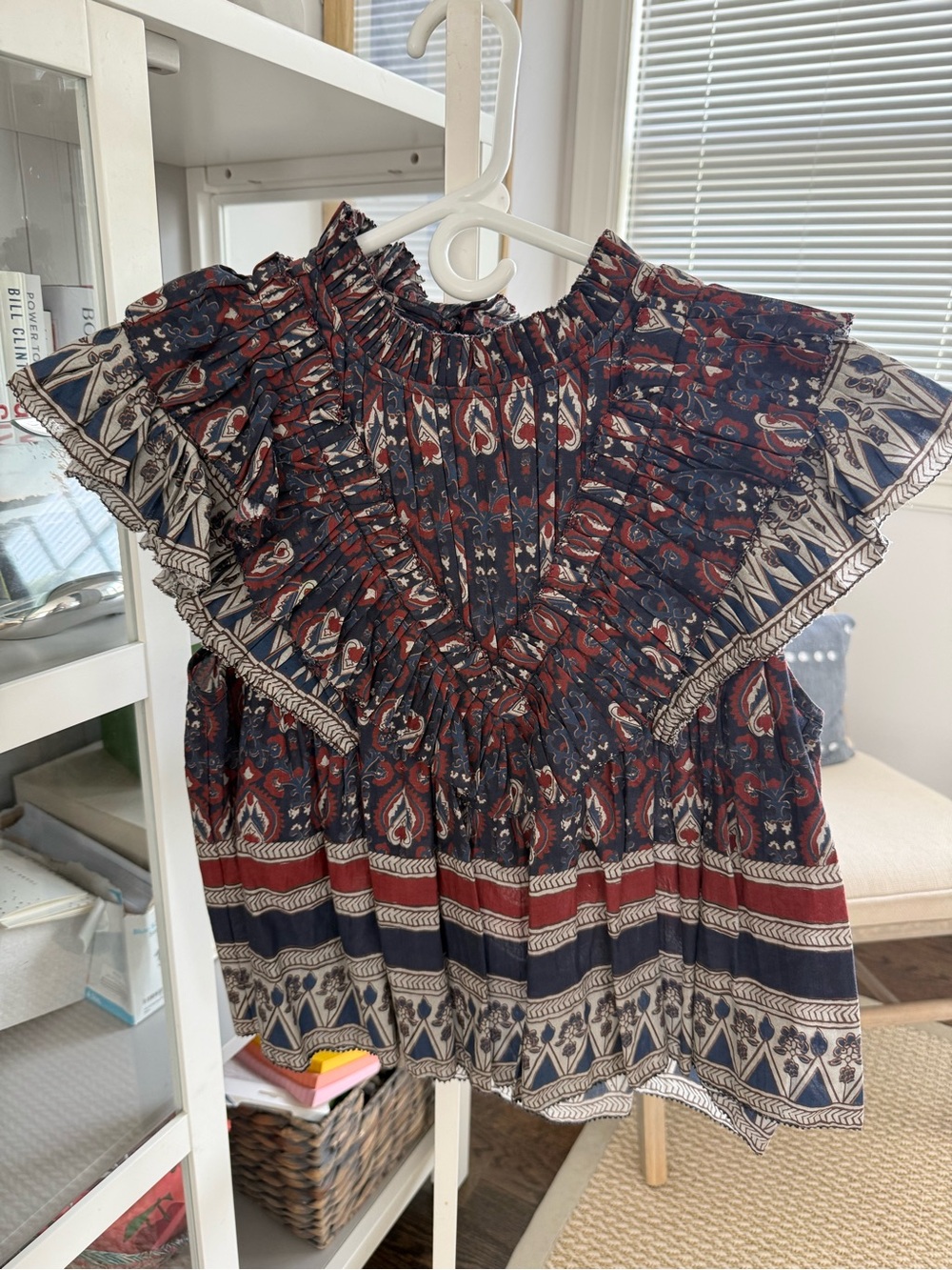 Sea New York Navy and Burgundy Paisley Ruffle Smocked Blouse